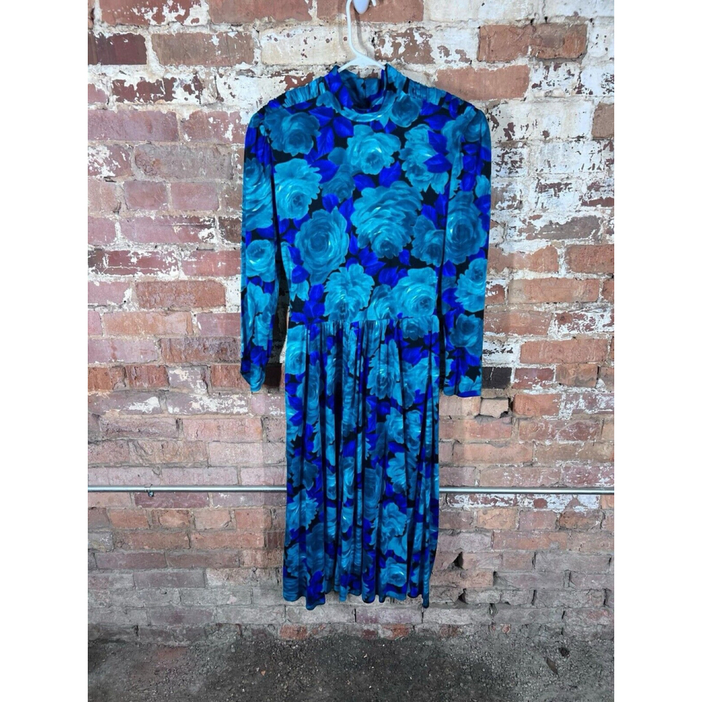 Vintage 80's Michelle Stuart Blue Green Floral Print Pencil Dress S